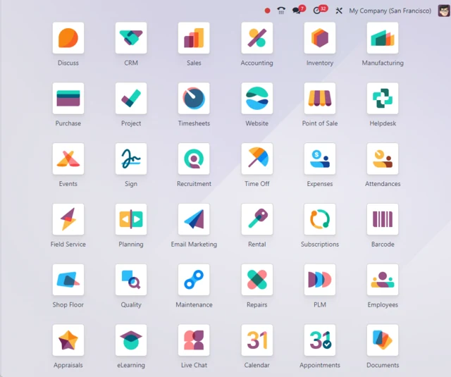 Odoo application launcher showing the business apps EjariCloud connects with