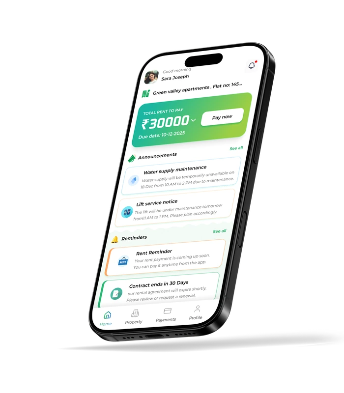 EjariCloud tenant app showing rent due, announcements and renewal reminders
